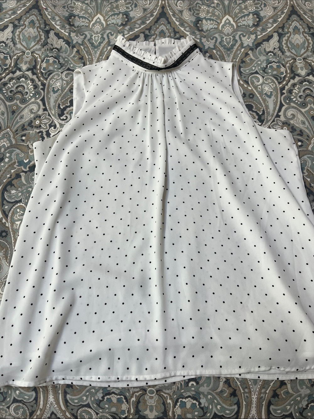 Karl Lagerfeld White Sleeveless Polka Dot Mock Neck Top with Black Trim
